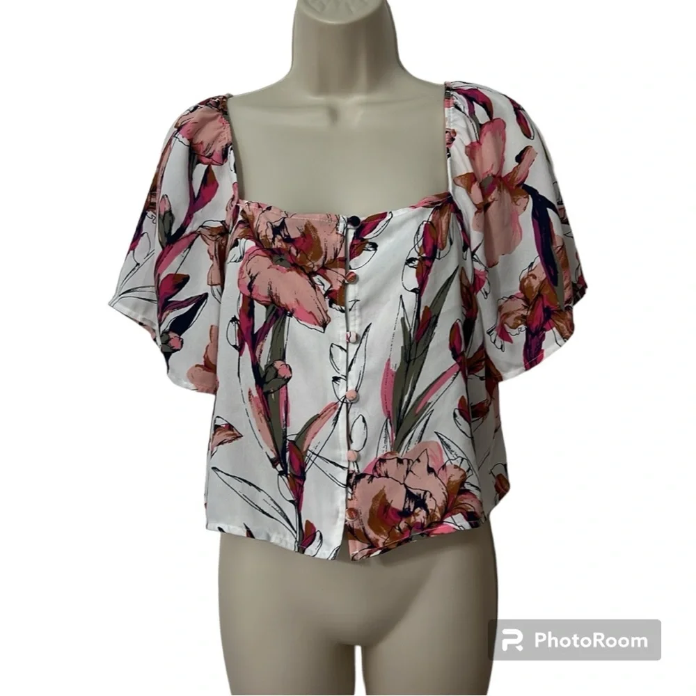 Leith Floral Print Short Sleeve Button Down Blouse Shirt Size Small - Picture 2 of 10
